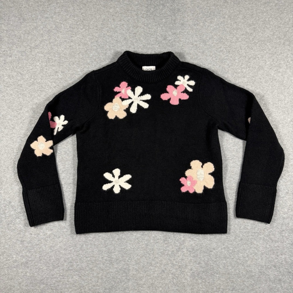 CeCe Women's Floral Crewneck Sweater Size S Black Pink White Long Sleeve